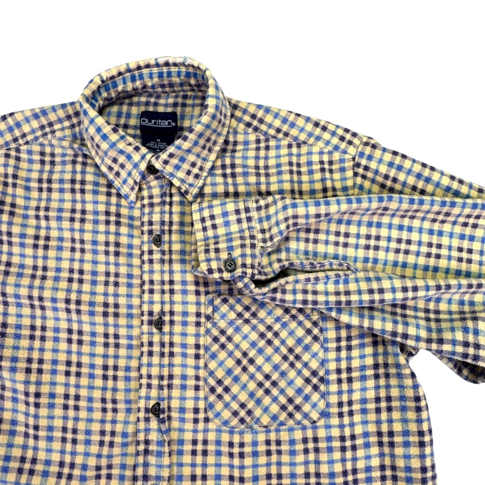Puritan Flannel Men's Medium Vintage Beige Grown Purple Blue‎ Long Sleeve Check